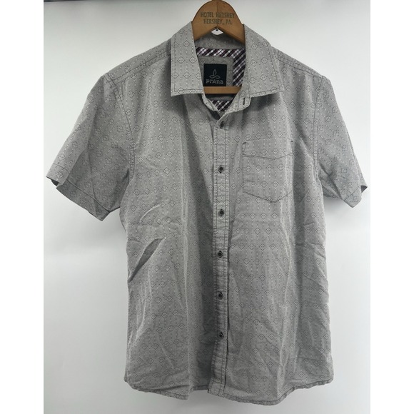 Prana Mens Button Front Shirt Medium Short Sleeved Gray Textured Cotton Poly - Picture 1 of 5